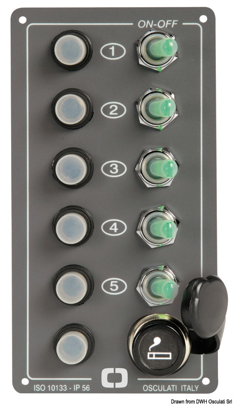 Switch panel with 5  (4+1MOM) switches + 12V socket  170x90mm
