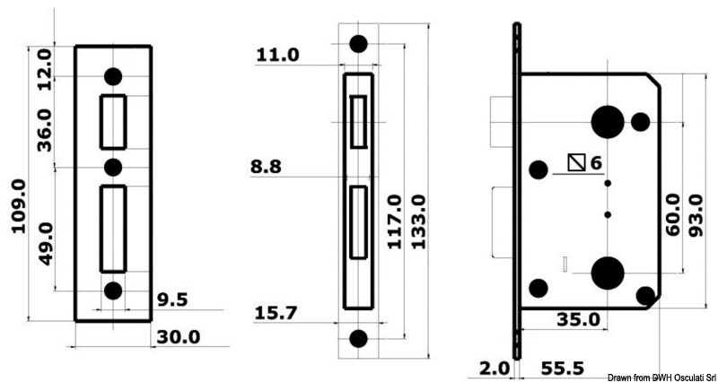Lock for toilets and cabins external right, internal left
