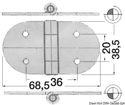 SS hinge w/studs reversed pin 68.5x38.5 mm