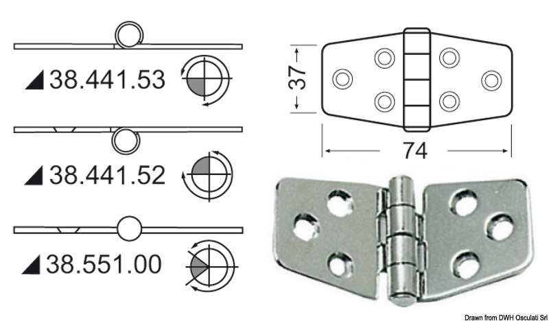 Hinge w/central pin 74x37 mm