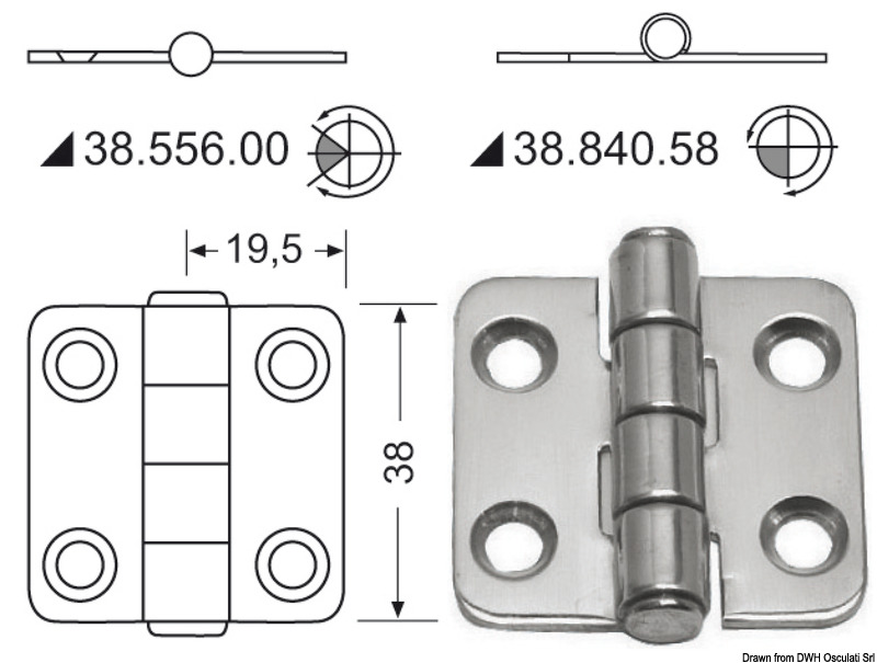 Hinge w/central pin 38x39 mm