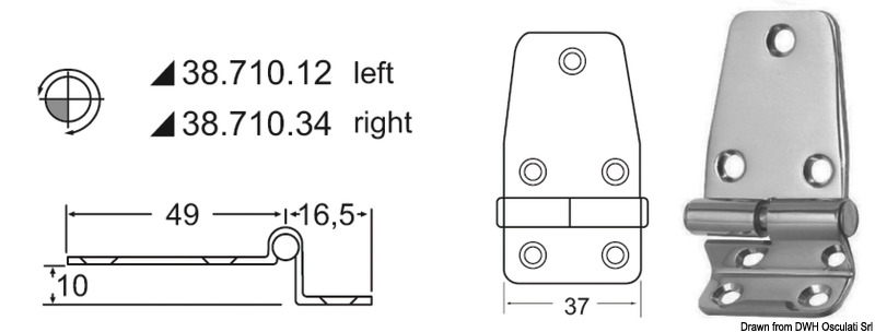 Overhang hinge right 65,5x37 mm