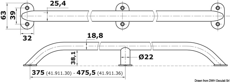 Oval pipe handrail AISI316 19x25 mm 915 mm