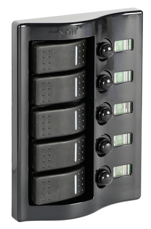 Switch panel with 5 switches and automatic fuses 2x3A + 1x6A + 1x8A + 1x10A 165x115mm IP65