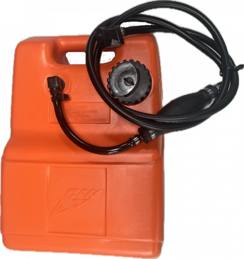 Portable fuel tank 12L orange with Mercury/Yamaha/Tohatsu 4T connector - use horizontally only