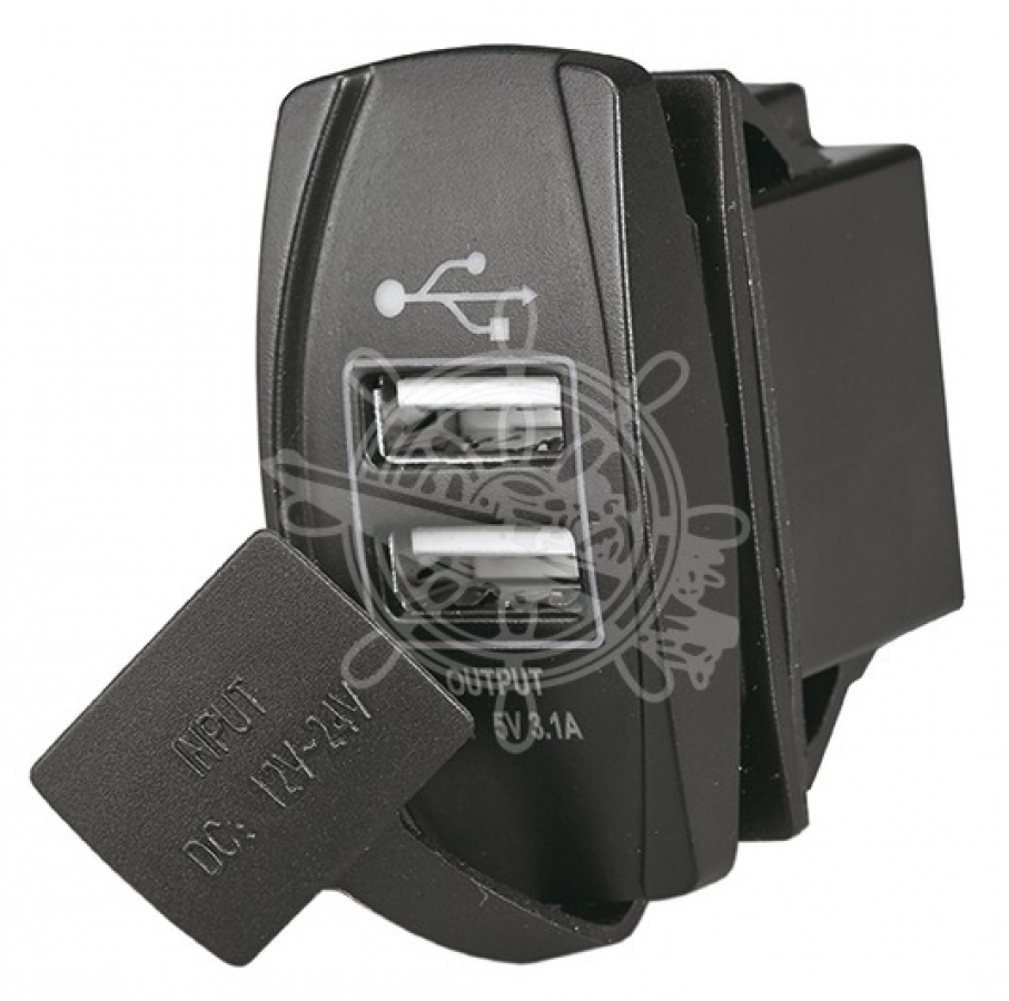 Double USB socket. Input 12/24V , Output 5V USB-A 2.1A + 1.0A