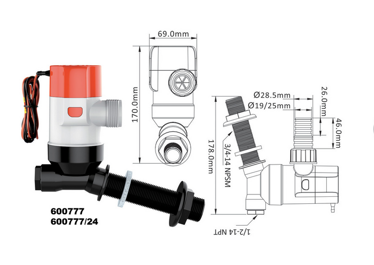 Насос SEAFLO Livewell 800GPH 50l/min 13E 12V 3.5A 19-29mm SFBP1-G800-13E