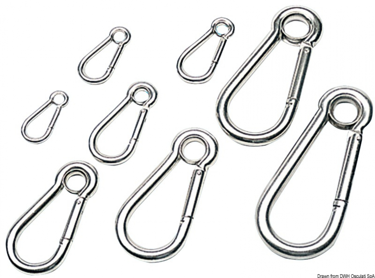 Carabiner hook polished AISI 316 w. eye A8mm A1-13mm L60mm D6mm E9mm