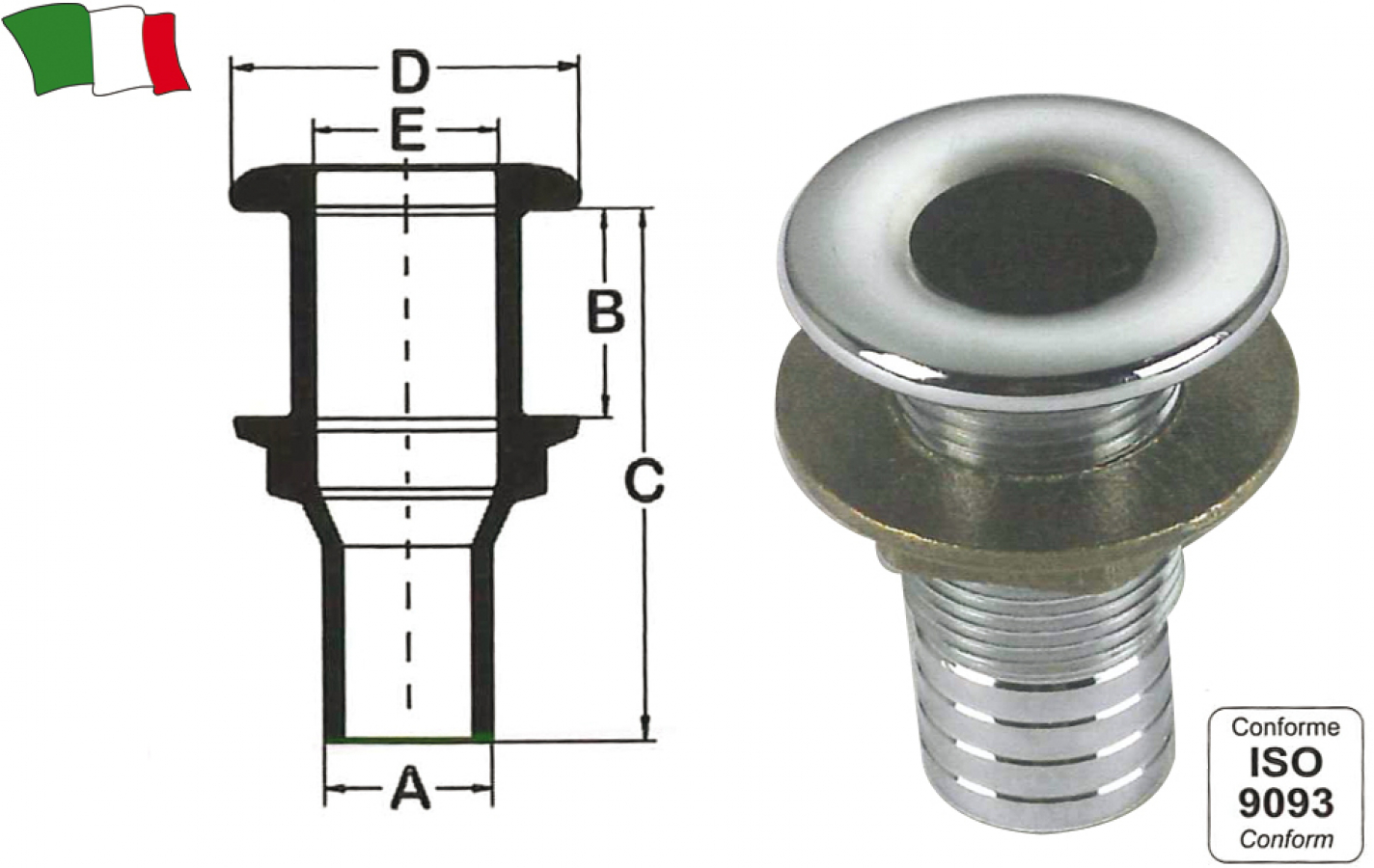 Chromed brass thru-hull fitting with hose connection - input Ø18mm