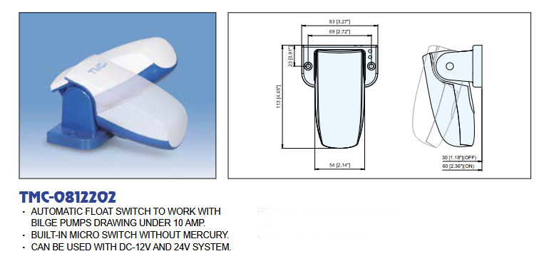 Float switch for water pump 10A TMC-0812202 12V 10A/24V 5A