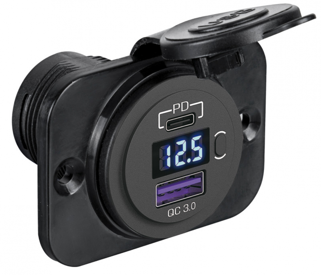Socket with voltmeter 12/32V USB A + USB C 3A + 3A QC 3