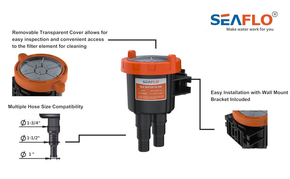 Water filter 1“ 1-1/4” 1-1/2” D1/D2/D3 (25.4mm/31.8mm/38.1mm) 91-200L/min - Seaflo SF-SWF003