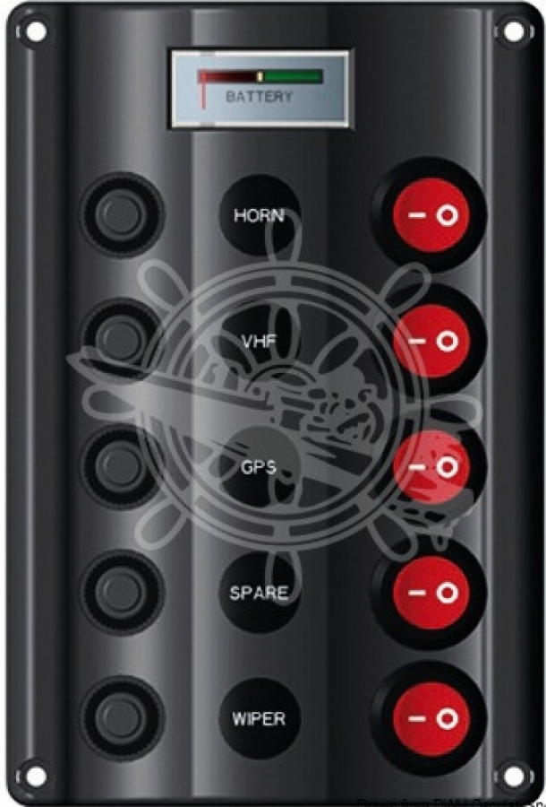 Switch panel with 5 switches with votmeter 160x107mm Automatic fuses 5Ax1+10Ax2+15Ax2 IP54
