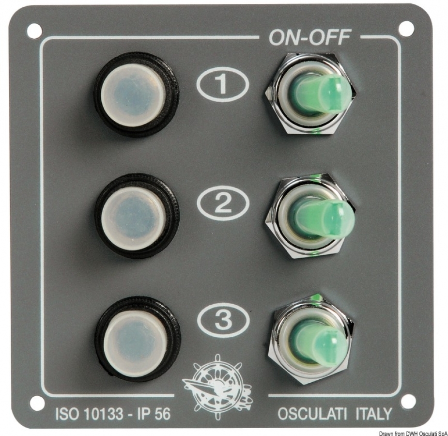 Control panel w. 3 resettable switches 90x90mm 2x10A 1x15A
