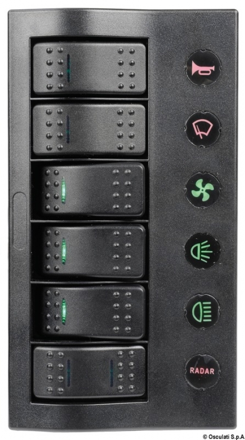 Compact electric panel switches 5 On -Off, 1 (ON)-OFF. LED light 183x100mm With automatic fuses - 2x5A, 2x10A; 2x15A
