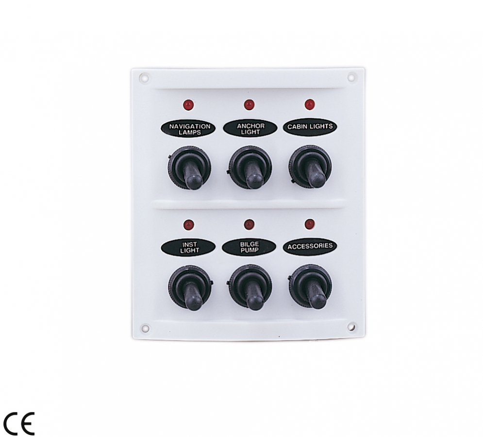 Electric 6 SWITCH PANEL WITH LED LIGHTS IP65. Fuses 3 x 15 A 12V 125,5 x 109,4 mm