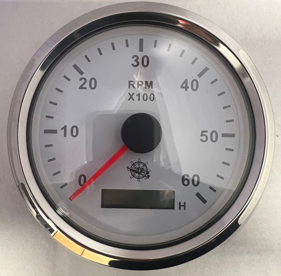 Тахометр 0-6000 RPM белый/хром (С счетчиком моточасов 12/24V)
