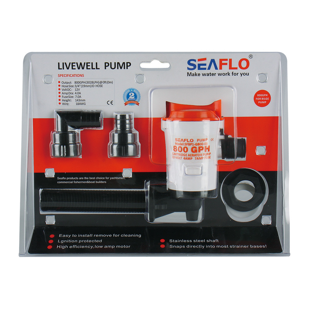 Water pump LIVEWELL 800GPH 50l/min 12V 4A Outlet 19mm - for fish boxes - Seaflo SFBP1-G800-05