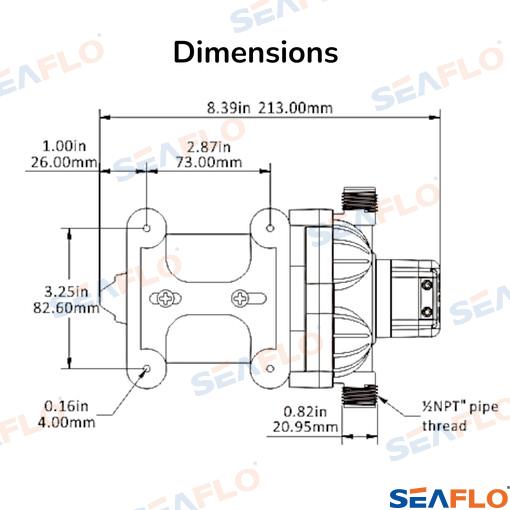 Fresh water diaphragm pump series 33 Seaflo 12V 11.6l/min 3.1Bar 45psi Ø1/2" 14MNPT SFDP1-030-045-33