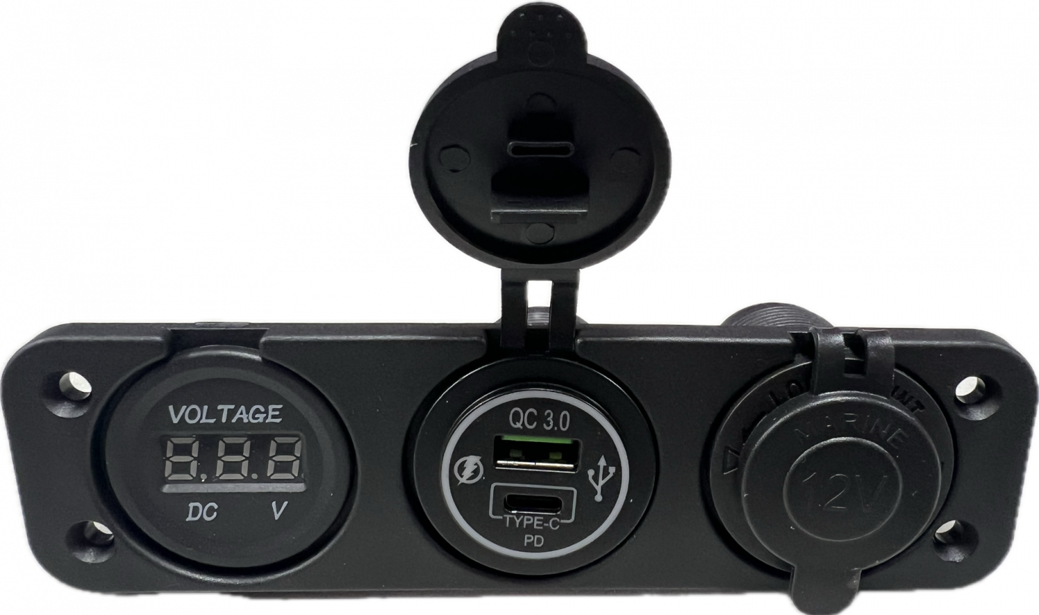 Voltmeter 8-32V + 12V Socket + USB socket type A QC3+ type C