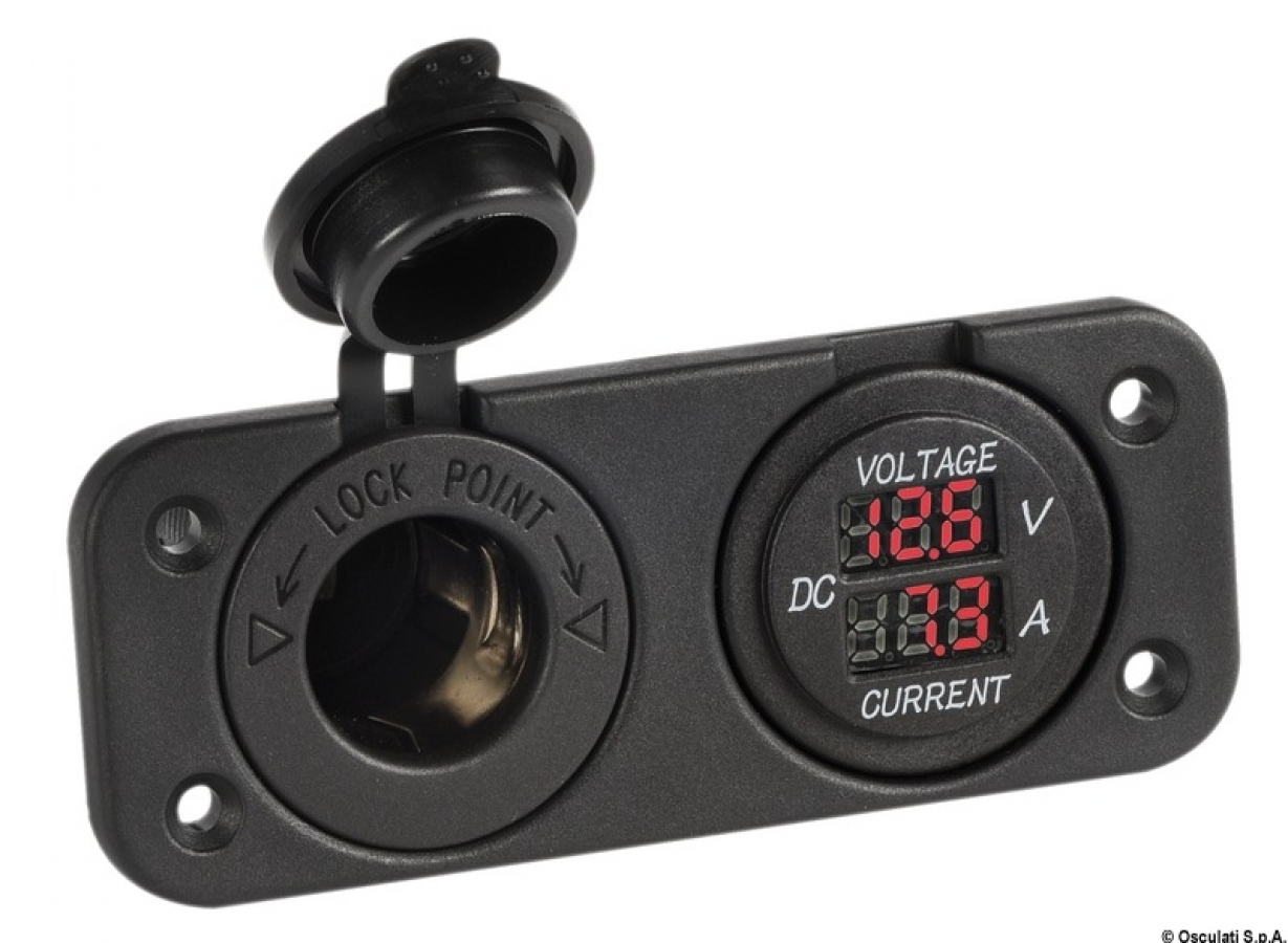 Digital voltmeter 8-32V and ammeter 0-10A, power outlet 12 V 105x45mm